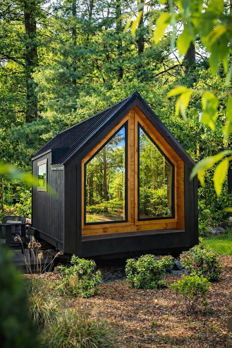 Black A-frame tiny home with wood-trimmed glass gable windows, set in a garden
