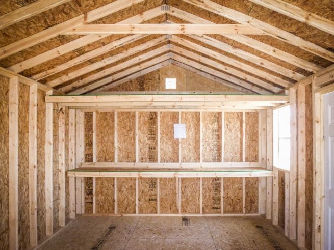 Interior of a garden shed in Kentucky with shelves